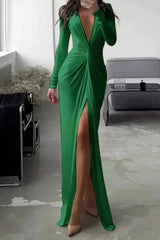 Women's Split Maxi Dress | Deep V Neck Long Sleeve Occasion Wear