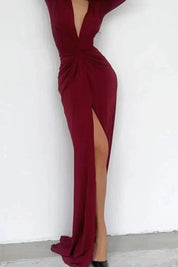 Women Split Maxi Dress | Deep V Neck Long Sleeve Occasion Wear-Women Dress-Homefinn