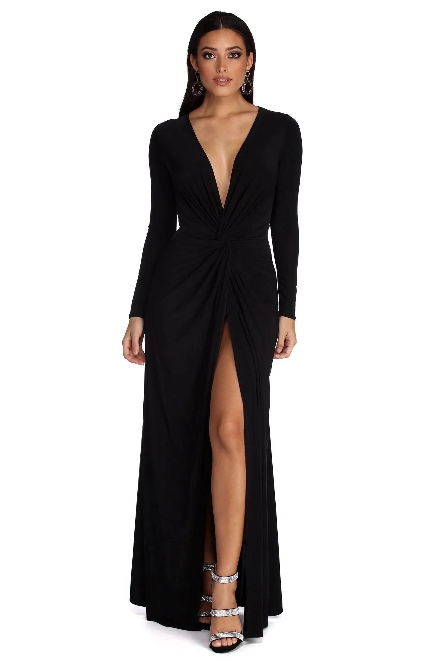 Women Split Maxi Dress | Deep V Neck Long Sleeve Occasion Wear-Women Dress-Homefinn