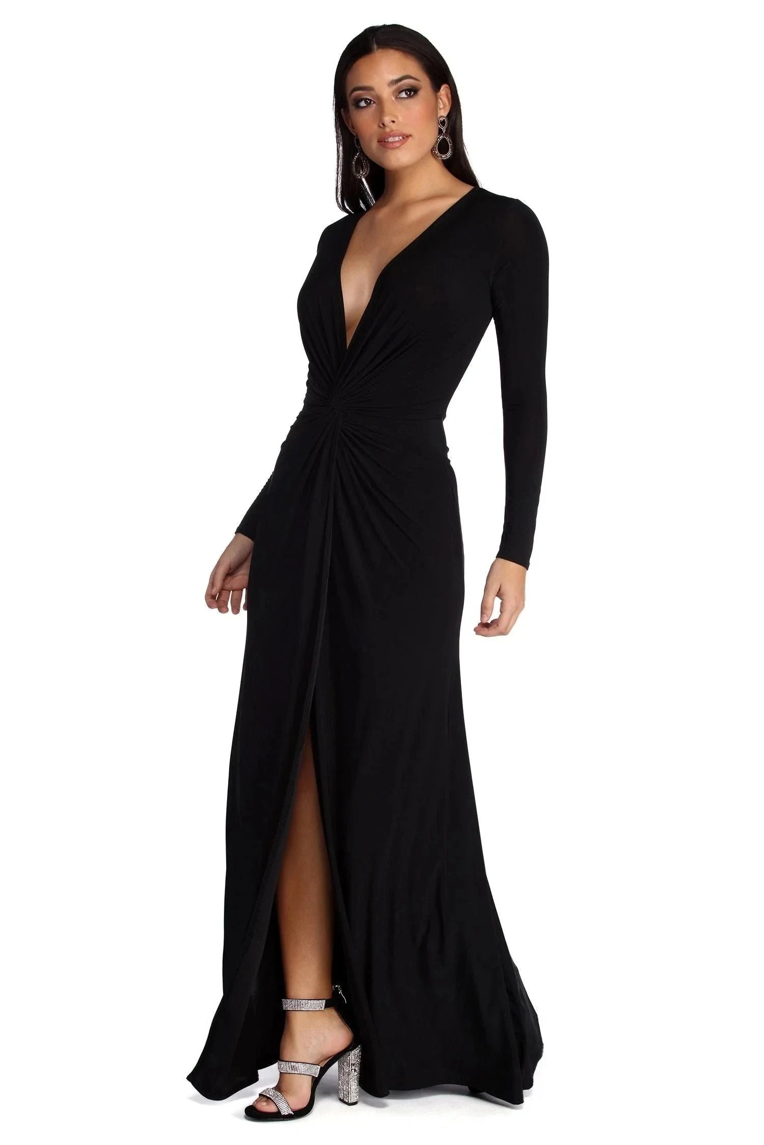 Women Split Maxi Dress | Deep V Neck Long Sleeve Occasion Wear-Women Dress-Homefinn
