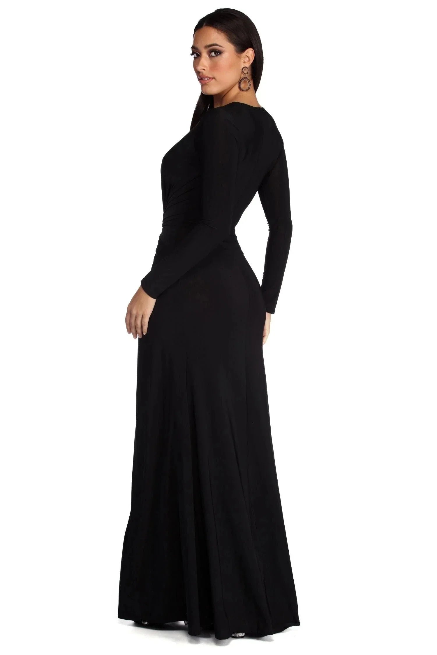 Women Split Maxi Dress | Deep V Neck Long Sleeve Occasion Wear-Women Dress-Homefinn
