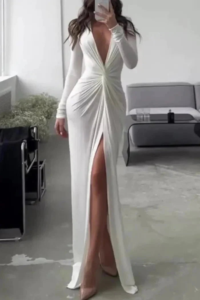 Women Split Maxi Dress | Deep V Neck Long Sleeve Occasion Wear-Women Dress-Homefinn