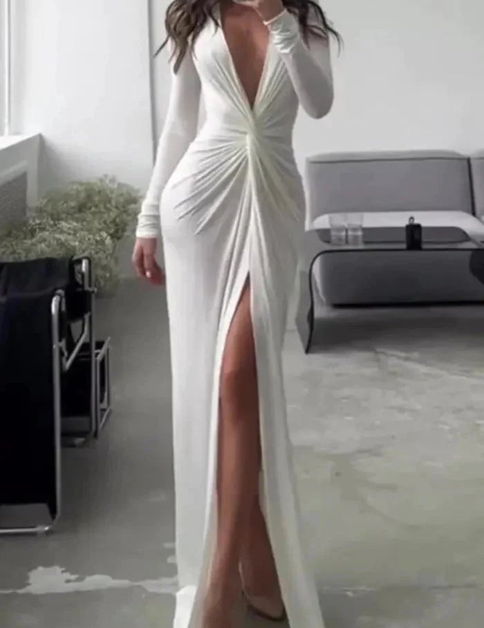 Women Split Maxi Dress | Deep V Neck Long Sleeve Occasion Wear-Women Dress-Homefinn