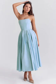 Women Strapless Midi Dress | Pleated A Line Occasion Wear-Women Dress-Homefinn