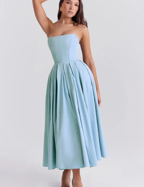 Women Strapless Midi Dress | Pleated A Line Occasion Wear-Women Dress-Homefinn