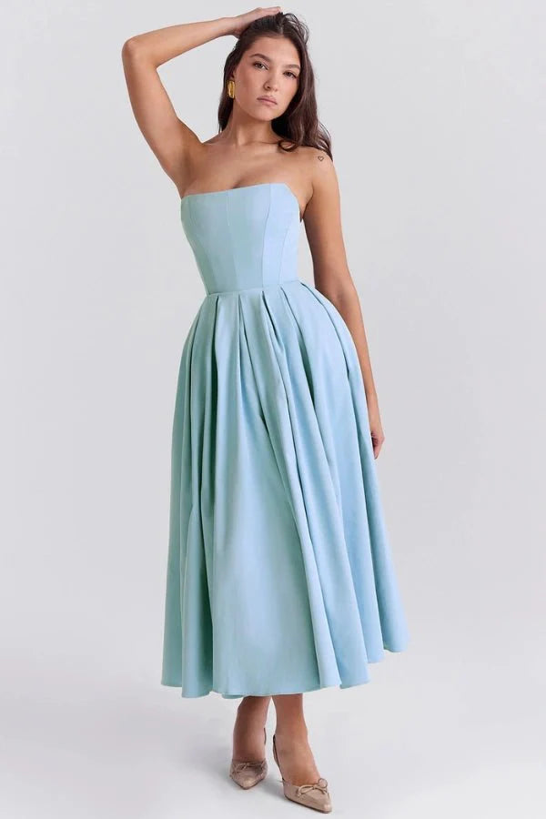 Women Strapless Midi Dress | Pleated A Line Occasion Wear-Women Dress-Homefinn