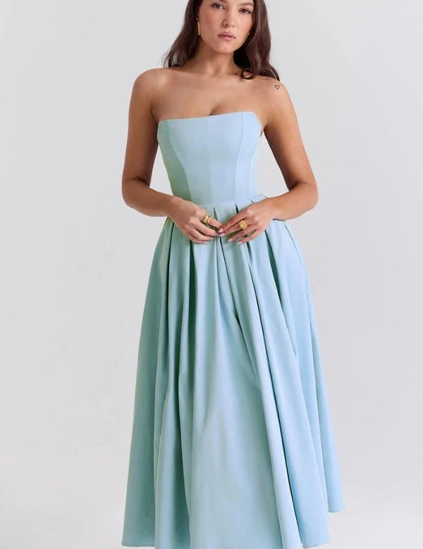 Women Strapless Midi Dress | Pleated A Line Occasion Wear-Women Dress-Homefinn