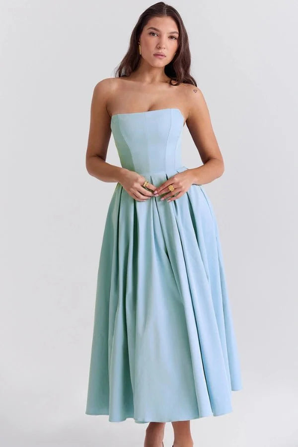 Women Strapless Midi Dress | Pleated A Line Occasion Wear-Women Dress-Homefinn