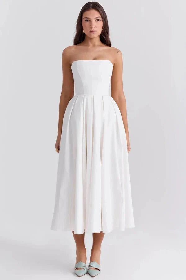 Women Strapless Midi Dress | Pleated A Line Occasion Wear-Women Dress-Homefinn