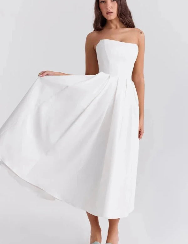 Women Strapless Midi Dress | Pleated A Line Occasion Wear-Women Dress-Homefinn