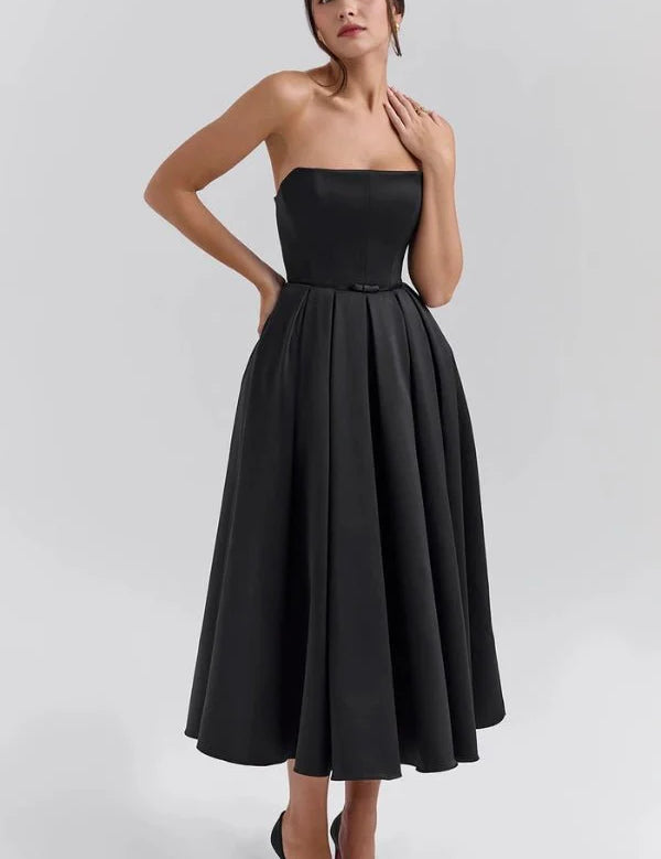 Women Strapless Midi Dress | Pleated A Line Occasion Wear-Women Dress-Homefinn