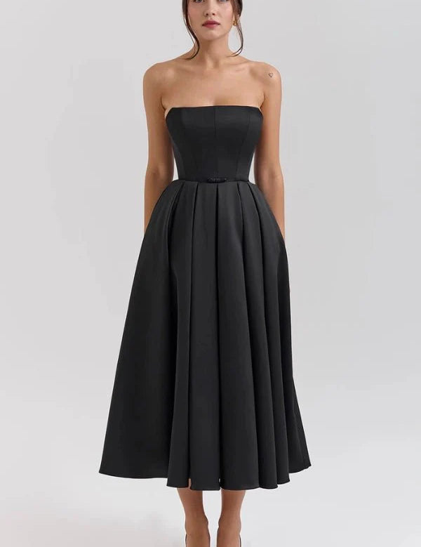 Women Strapless Midi Dress | Pleated A Line Occasion Wear-Women Dress-Homefinn