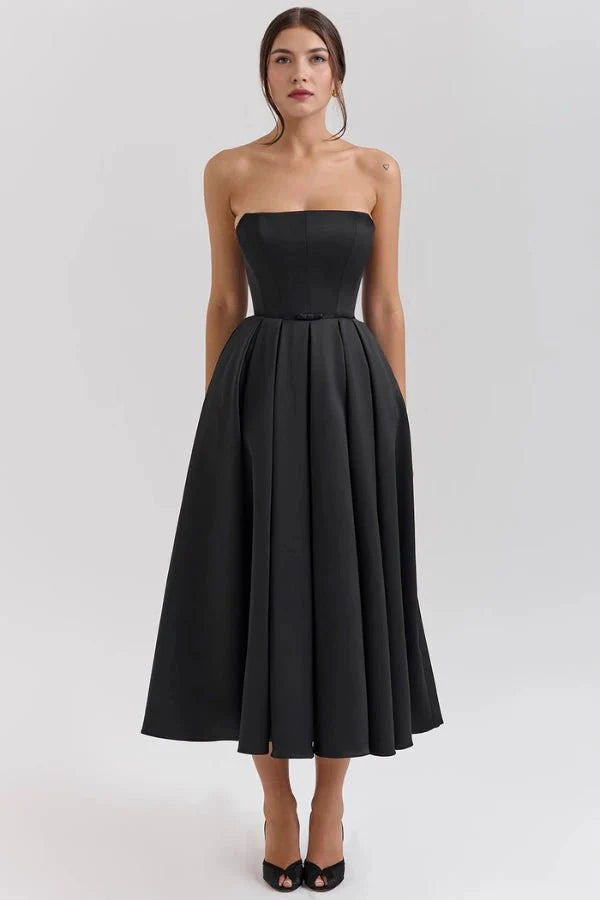Women Strapless Midi Dress | Pleated A Line Occasion Wear-Women Dress-Homefinn