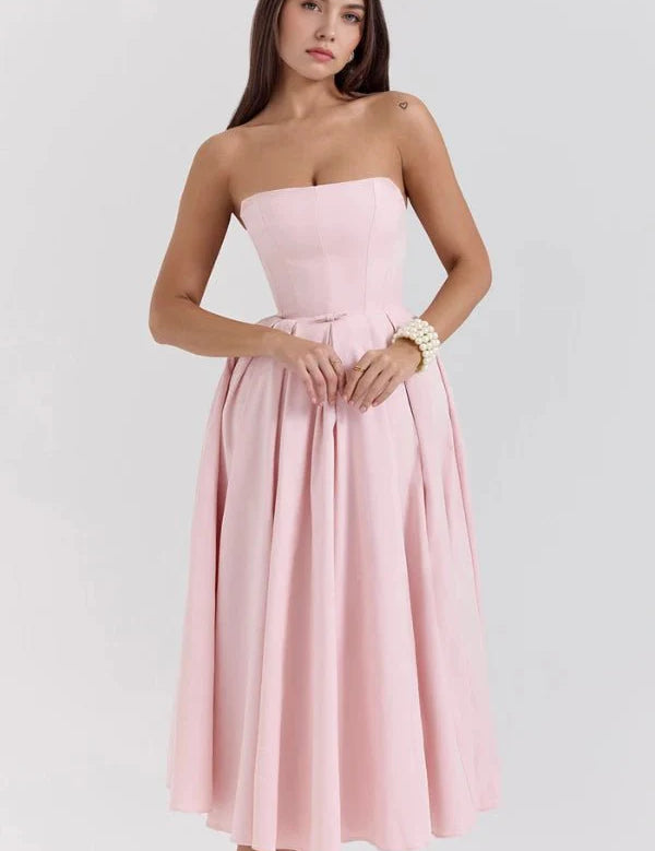 Women Strapless Midi Dress | Pleated A Line Occasion Wear-Women Dress-Homefinn