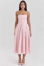 Women Strapless Midi Dress | Pleated A Line Occasion Wear-Women Dress-Homefinn