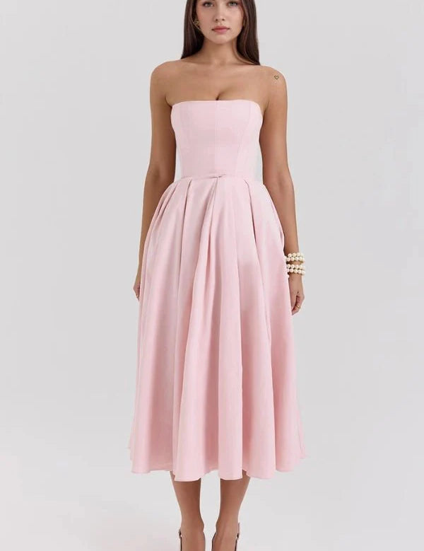 Women Strapless Midi Dress | Pleated A Line Occasion Wear-Women Dress-Homefinn