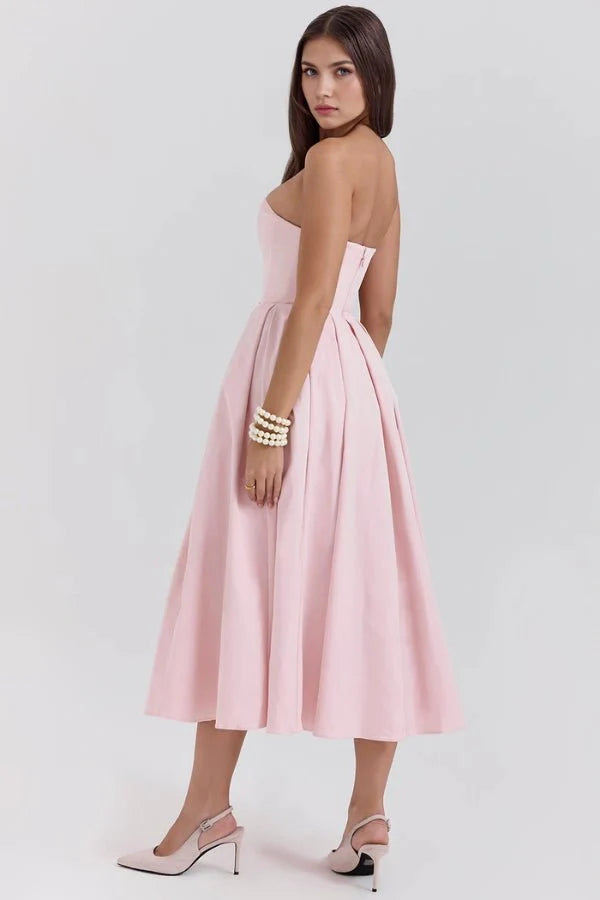 Women Strapless Midi Dress | Pleated A Line Occasion Wear-Women Dress-Homefinn