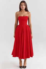 Women Strapless Midi Dress | Pleated A Line Occasion Wear-Women Dress-Homefinn