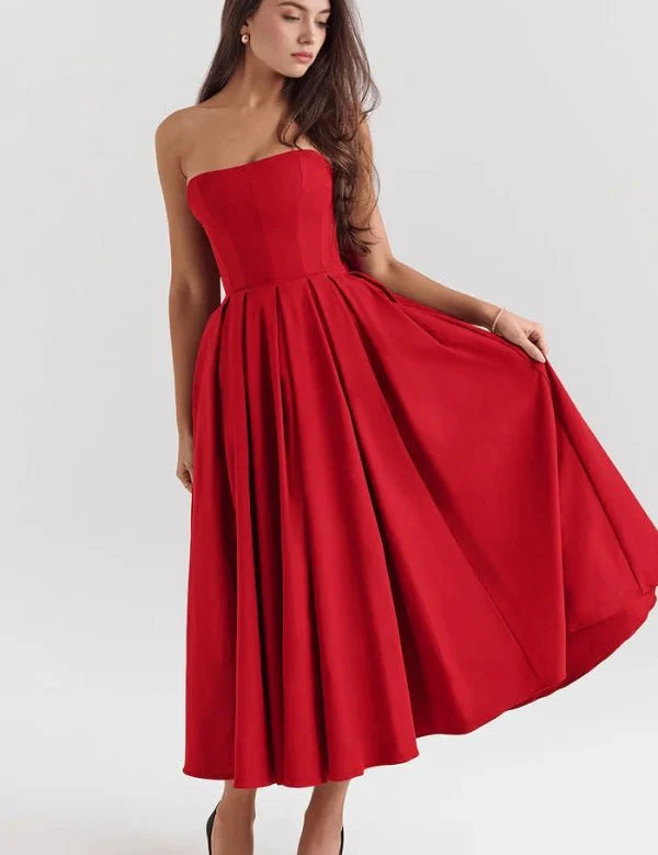 Women Strapless Midi Dress | Pleated A Line Occasion Wear-Women Dress-Homefinn