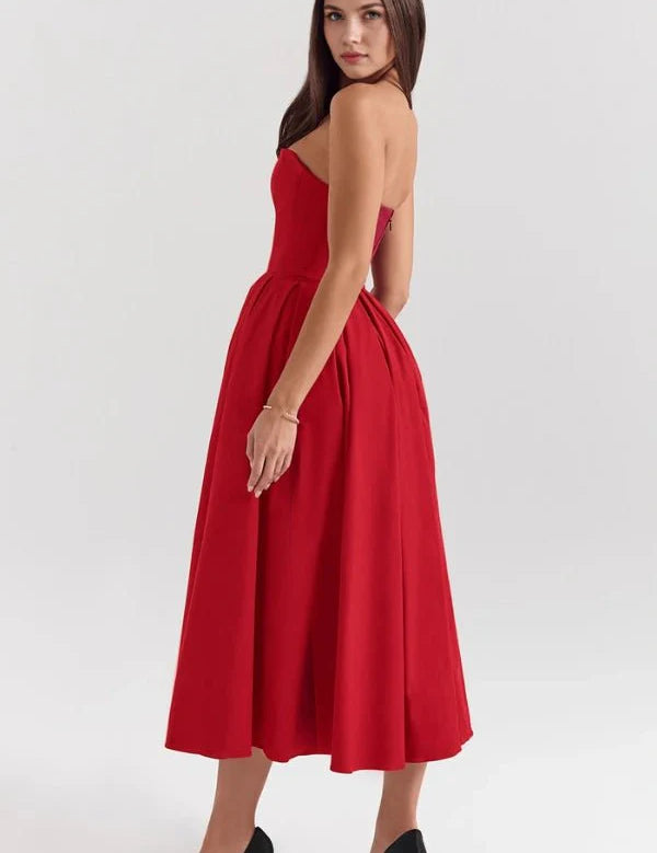 Women Strapless Midi Dress | Pleated A Line Occasion Wear-Women Dress-Homefinn