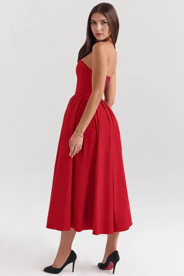 Women Strapless Midi Dress | Pleated A Line Occasion Wear-Women Dress-Homefinn