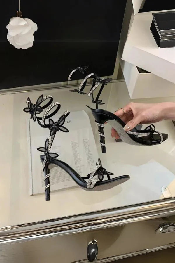 Women Strappy High Heel Sandals | Butterfly Lace Up Occasion Shoes-Women Shoes-Homefinn