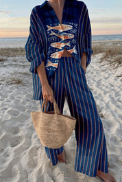 Women's Striped Two Piece Set | Fish Print Beach Holiday Wear