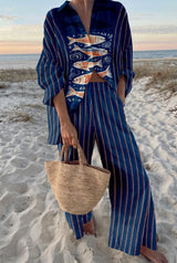Women's Striped Two Piece Set | Fish Print Beach Holiday Wear