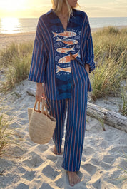 Women's Striped Two Piece Set | Fish Print Beach Holiday Wear