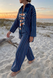Women's Striped Two Piece Set | Fish Print Beach Holiday Wear