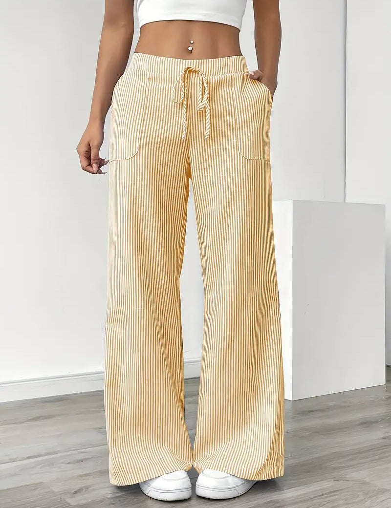 Women Striped Wide Leg Trousers | Drawstring Casual Pants-Women Pants-Homefinn