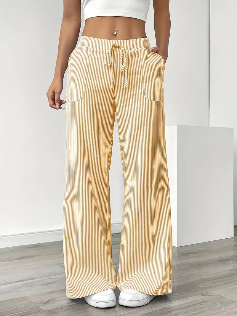 Women Striped Wide Leg Trousers | Drawstring Casual Pants-Women Pants-Homefinn