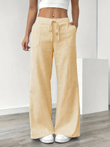 Women's Striped Wide Leg Trousers | Drawstring Casual Pants