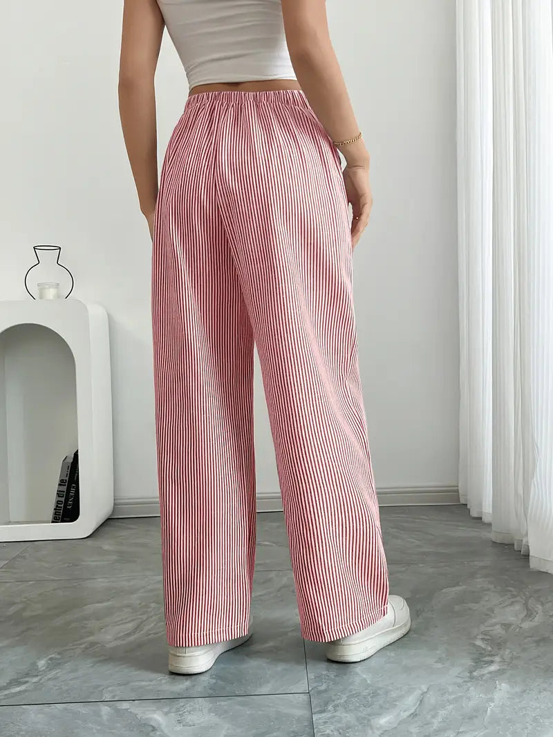 Women Striped Wide Leg Trousers | Drawstring Casual Pants-Women Pants-Homefinn