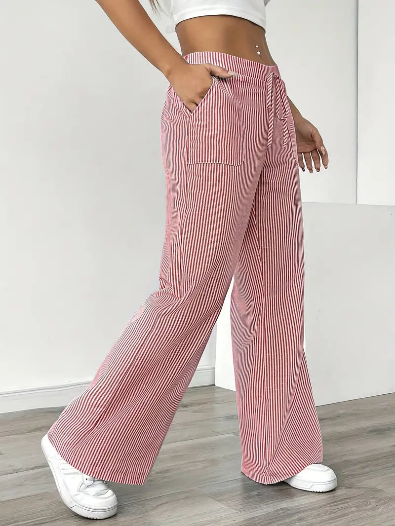 Women Striped Wide Leg Trousers | Drawstring Casual Pants-Women Pants-Homefinn