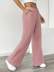 Women Striped Wide Leg Trousers | Drawstring Casual Pants-Women Pants-Homefinn