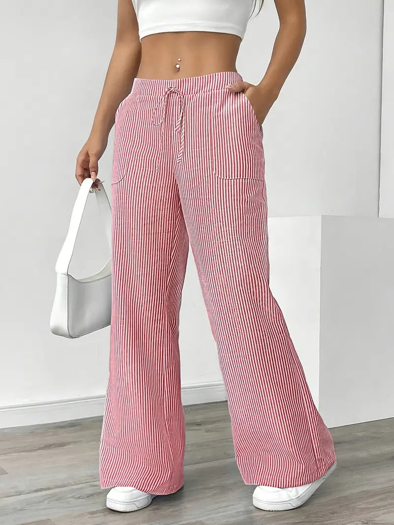 Women Striped Wide Leg Trousers | Drawstring Casual Pants-Women Pants-Homefinn