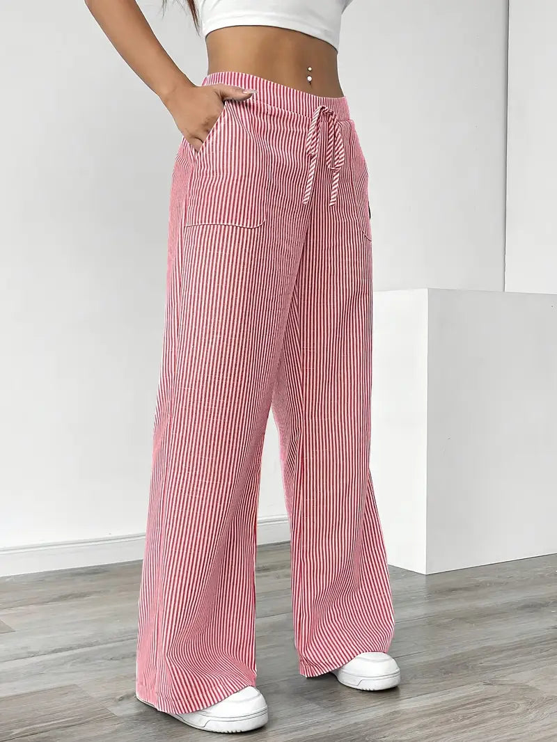 Women Striped Wide Leg Trousers | Drawstring Casual Pants-Women Pants-Homefinn