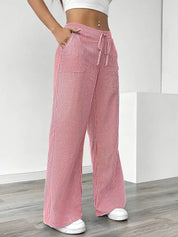 Women Striped Wide Leg Trousers | Drawstring Casual Pants-Women Pants-Homefinn