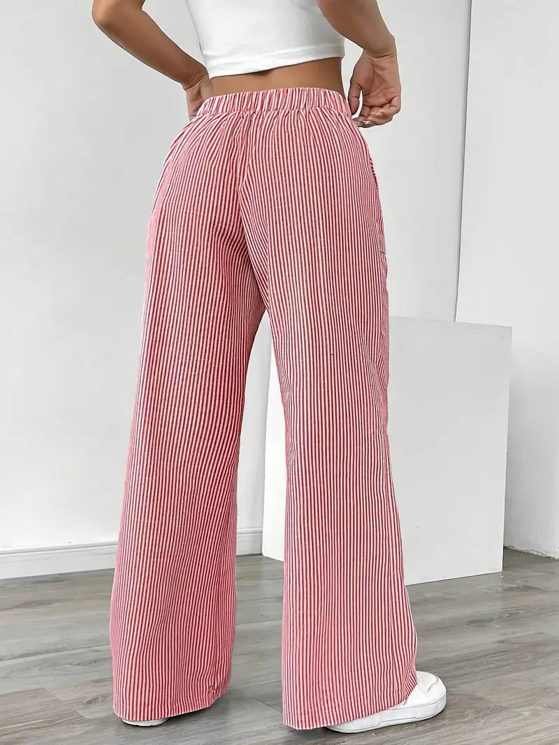 Women Striped Wide Leg Trousers | Drawstring Casual Pants-Women Pants-Homefinn