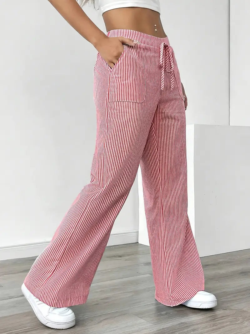 Women Striped Wide Leg Trousers | Drawstring Casual Pants-Women Pants-Homefinn