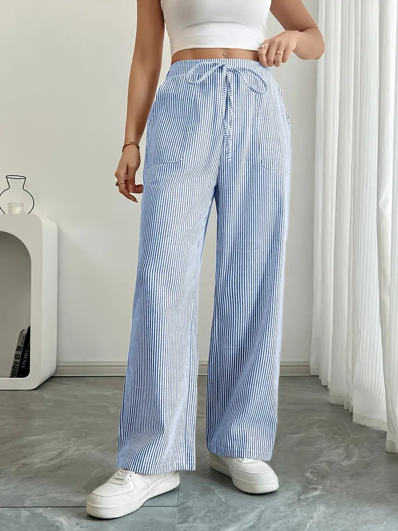 Women Striped Wide Leg Trousers | Drawstring Casual Pants-Women Pants-Homefinn