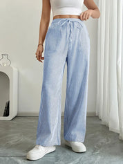 Women Striped Wide Leg Trousers | Drawstring Casual Pants-Women Pants-Homefinn