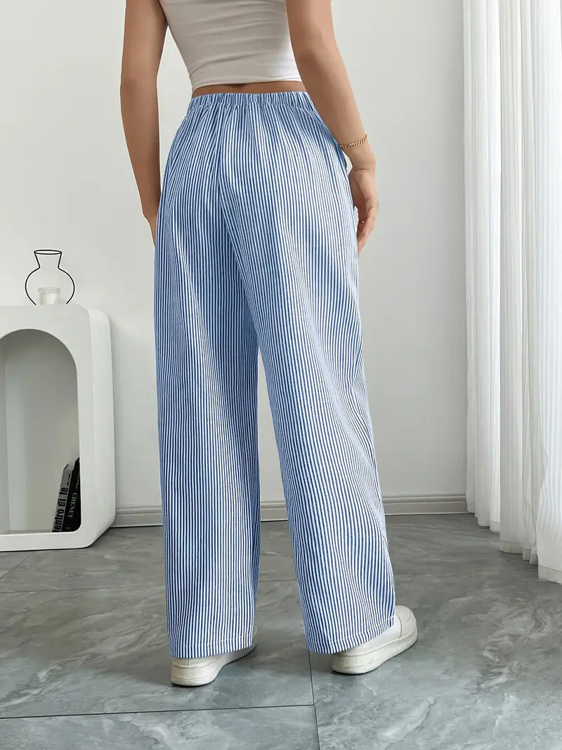 Women Striped Wide Leg Trousers | Drawstring Casual Pants-Women Pants-Homefinn