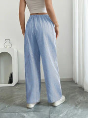 Women Striped Wide Leg Trousers | Drawstring Casual Pants-Women Pants-Homefinn