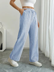 Women Striped Wide Leg Trousers | Drawstring Casual Pants-Women Pants-Homefinn