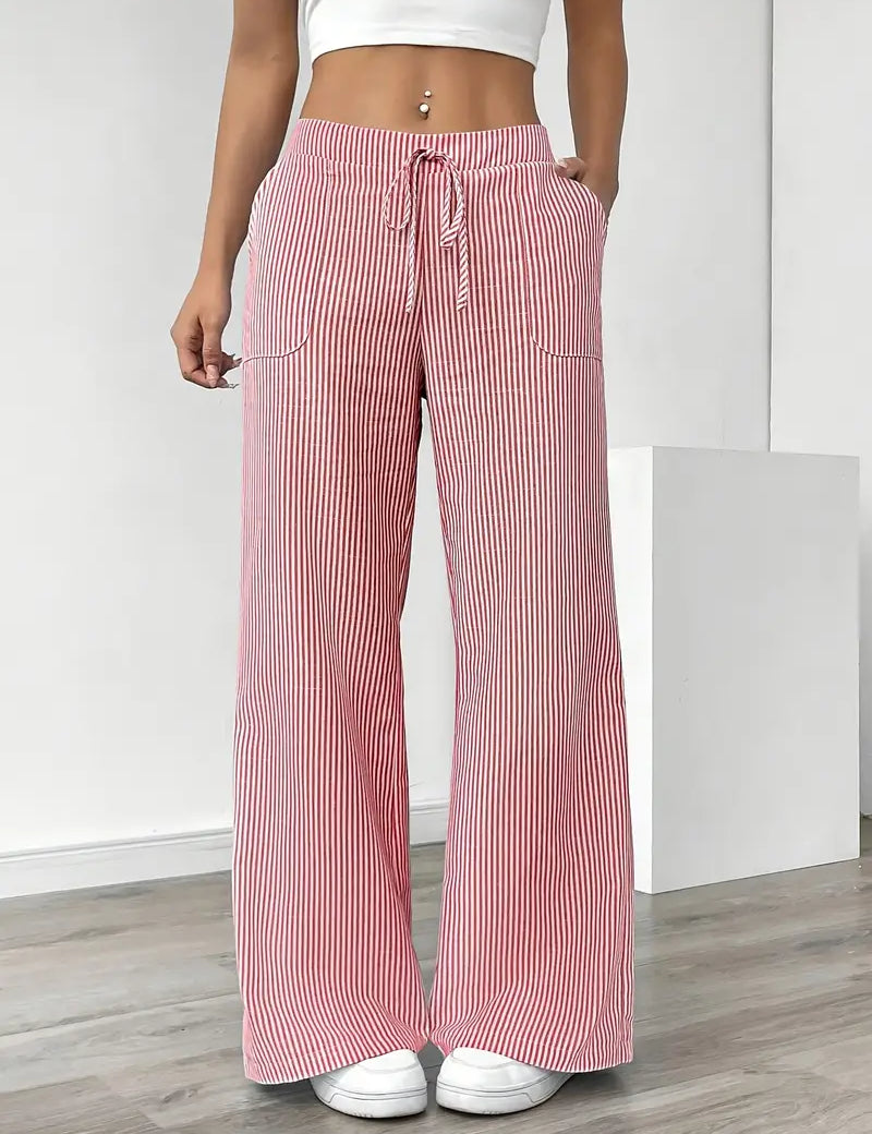 Women Striped Wide Leg Trousers | Drawstring Casual Pants-Women Pants-Homefinn