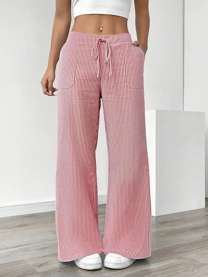 Women Striped Wide Leg Trousers | Drawstring Casual Pants-Women Pants-Homefinn