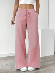 Women Striped Wide Leg Trousers | Drawstring Casual Pants-Women Pants-Homefinn