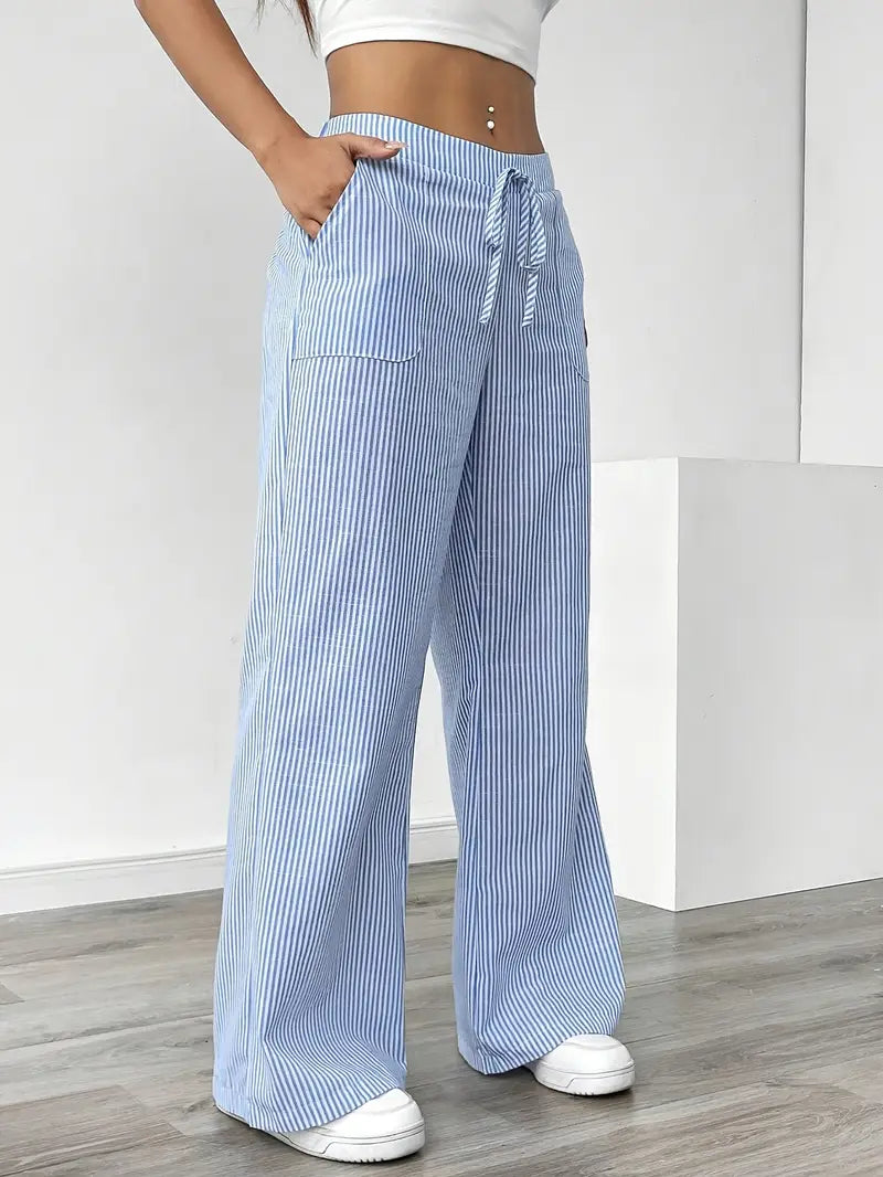 Women Striped Wide Leg Trousers | Drawstring Casual Pants-Women Pants-Homefinn